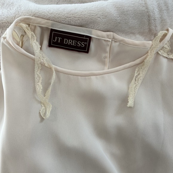 Women's Vintage Cream Evening Gown Dress Lace Sz 12 Midi Short Sleeve Elegant - Picture 6 of 9